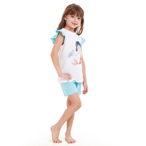 Girls summer pajama set Mermaid t-shirt + Baby Blue shorts